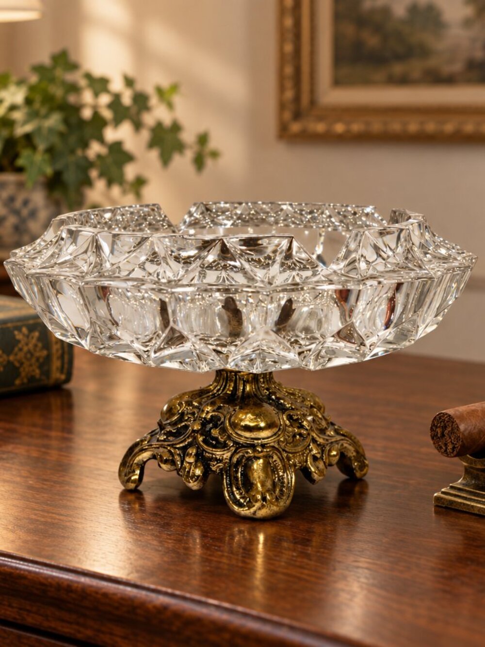 Vintage Crystal Gold Pedestal Ashtray Hollywood Regency
